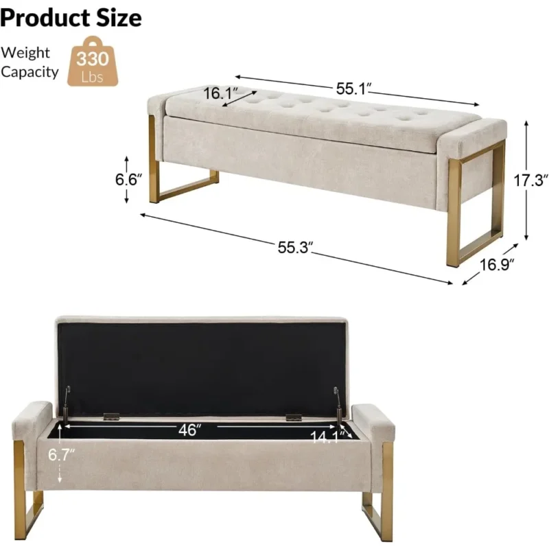 Modern Beige Upholstered Storage Ottoman Bench with Gold Legs for Bedroom and Entryway - Image 2