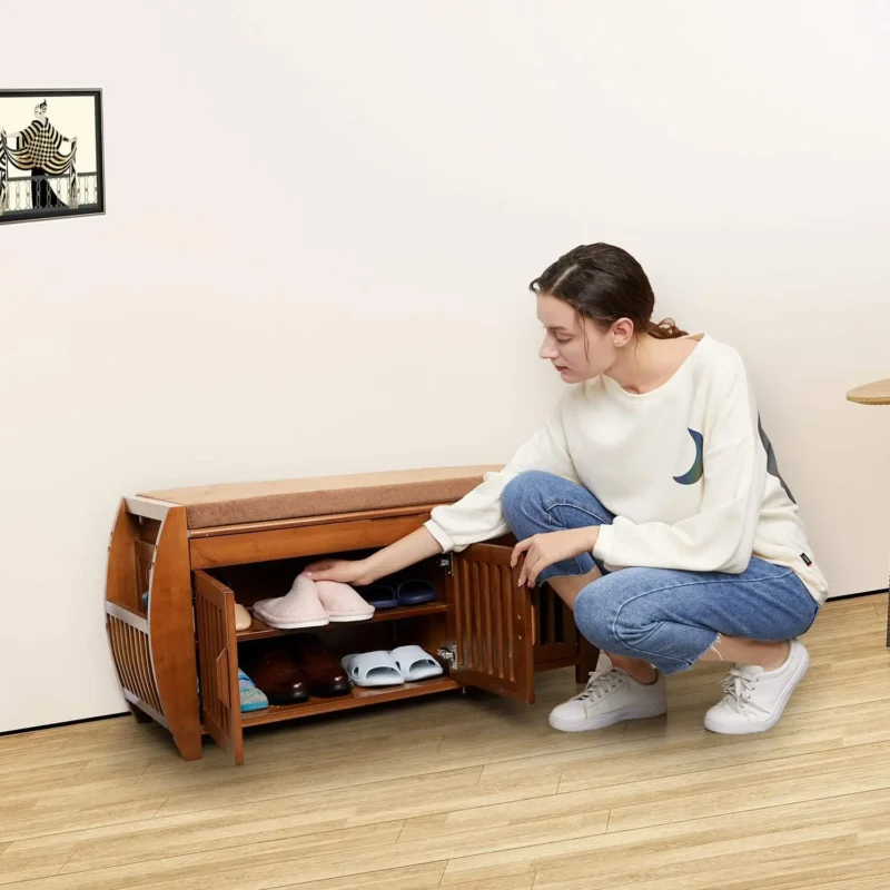 Modern Wooden Entryway Bench with Hidden Storage Compartment and Detachable Cushion - Image 4