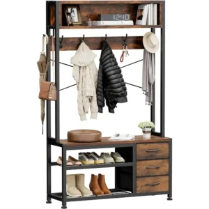 Industrial Metal Hall Tree with Shoe Storage Bench for Entryway Organization