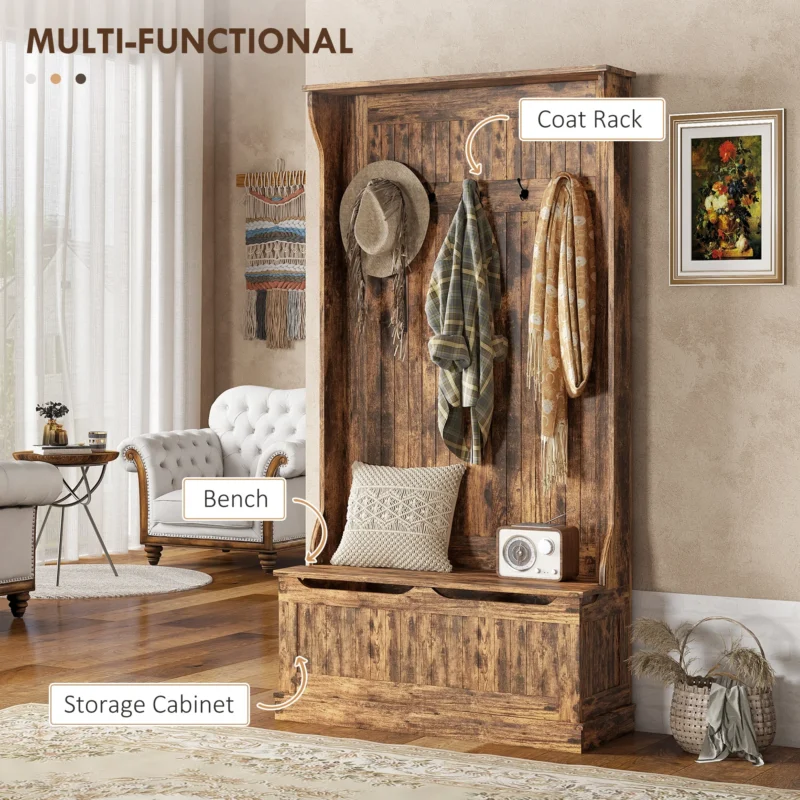 Modern Rustic Hall Tree with Storage Bench and Coat Rack for Entryway - Image 3