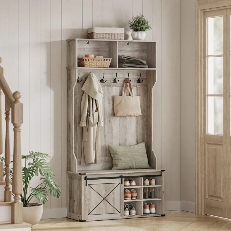 Industrial Hall Tree with Bench and 6 Coat Hooks for Entryway Organization - Image 2
