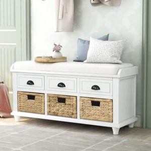 Modern Storage Bench with Drawers, Baskets and Cushion for Entryway and Bedroom