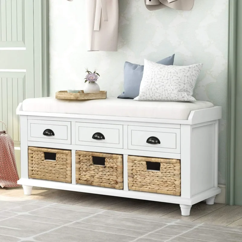 Modern Storage Bench with Drawers, Baskets and Cushion for Entryway and Bedroom