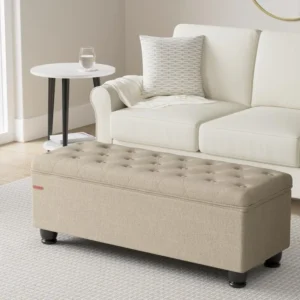 Tufted Linen Entryway Storage Ottoman Bench with Hinged Lid for Bedroom and Hallway