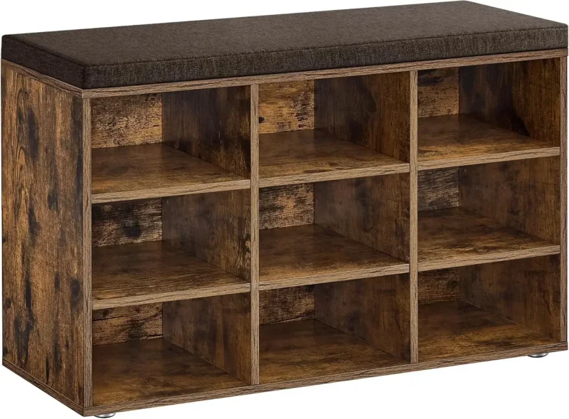 Modern Upholstered Entryway Bench with 9-Compartment Shoe Storage for Bedroom