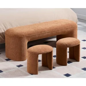 Elegant Chenille Upholstered Storage Bench Set with 2 Stools for Entryway and Bedroom