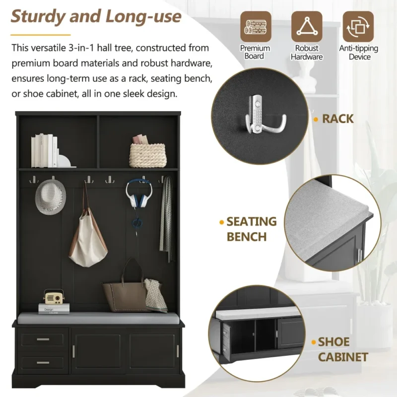 Farmhouse Hall Tree Entryway Bench with Sliding Doors and 6 Hooks for Mudroom - Image 5
