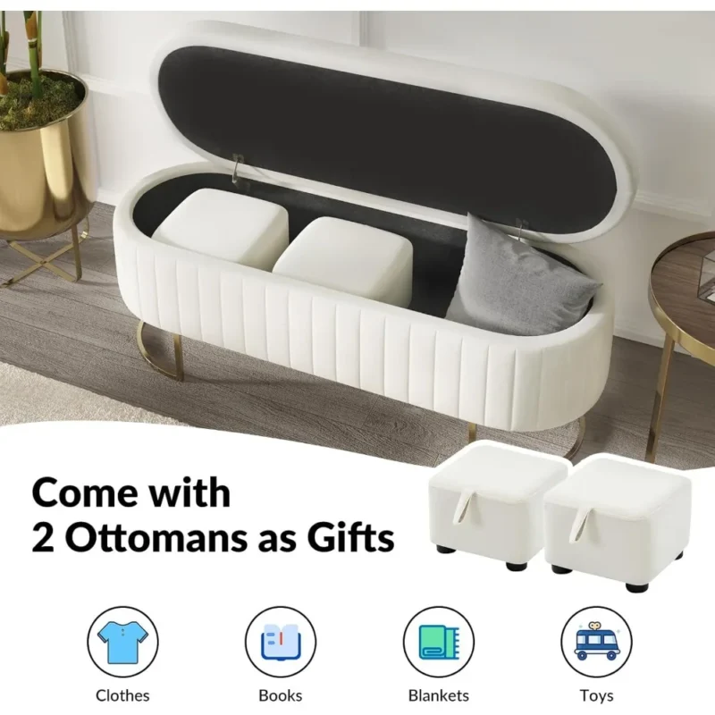 Modern Velvet Upholstered Storage Bench with Gold Legs for Bedroom and Entryway - Image 4