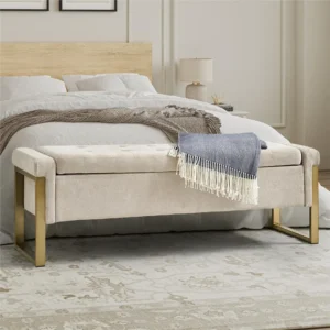 Modern Beige Upholstered Storage Ottoman Bench with Gold Legs for Bedroom and Entryway