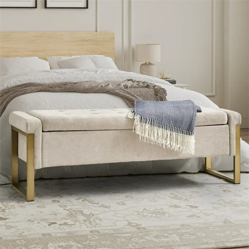 Modern Beige Upholstered Storage Ottoman Bench with Gold Legs for Bedroom and Entryway