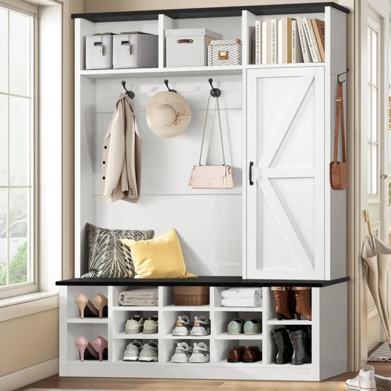 Farmhouse White Hall Tree with Bench and Shoe Storage for Entryway and Mudroom - Image 4