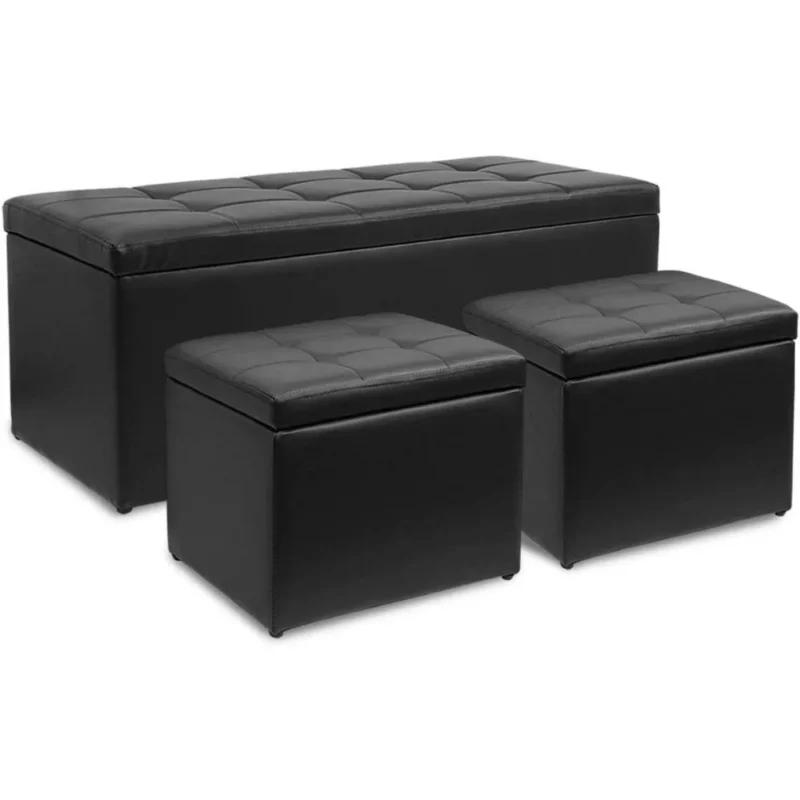 Modern PU Leather Storage Ottoman Set with Rectangle Bench and Cubes for Living Room - Image 2