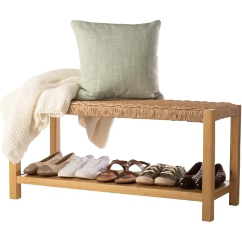 Modern Rustic Woven Rope Entryway Bench with Storage Shelf for Bedroom and Living Room