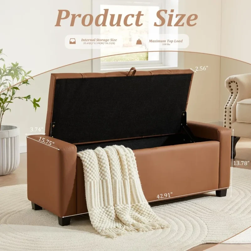 Modern Linen Upholstered Storage Ottoman Bench with Tufted Top for Bedroom and Entryway - Image 2