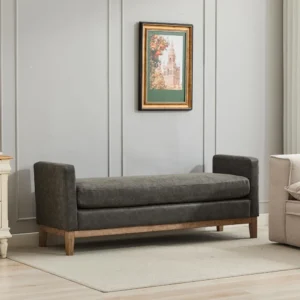 Modern Grey Upholstered Entryway Bench with Bolster Pillows and Wood Legs