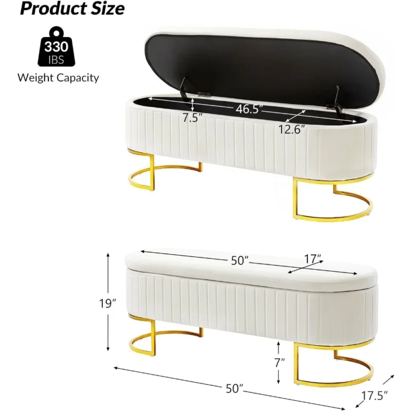 Modern Velvet Upholstered Storage Bench with Gold Legs for Bedroom and Entryway - Image 2