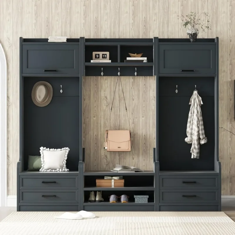 Modern Dark Blue Entryway Hall Tree with Storage Bench and 7 Hooks for Mudroom - Image 2