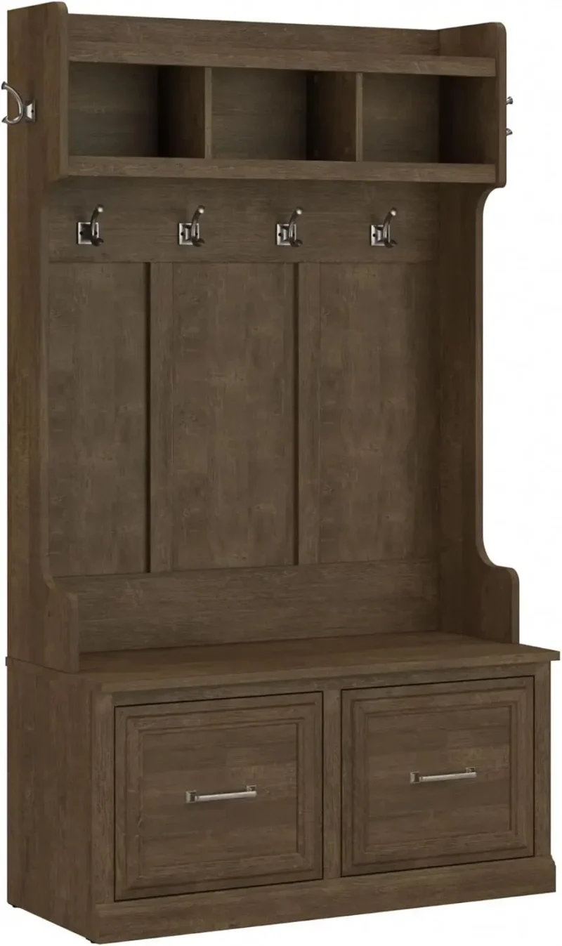 Rustic Wood Hall Tree with Shoe Storage Bench and Doors for Entryway Organization - Image 7