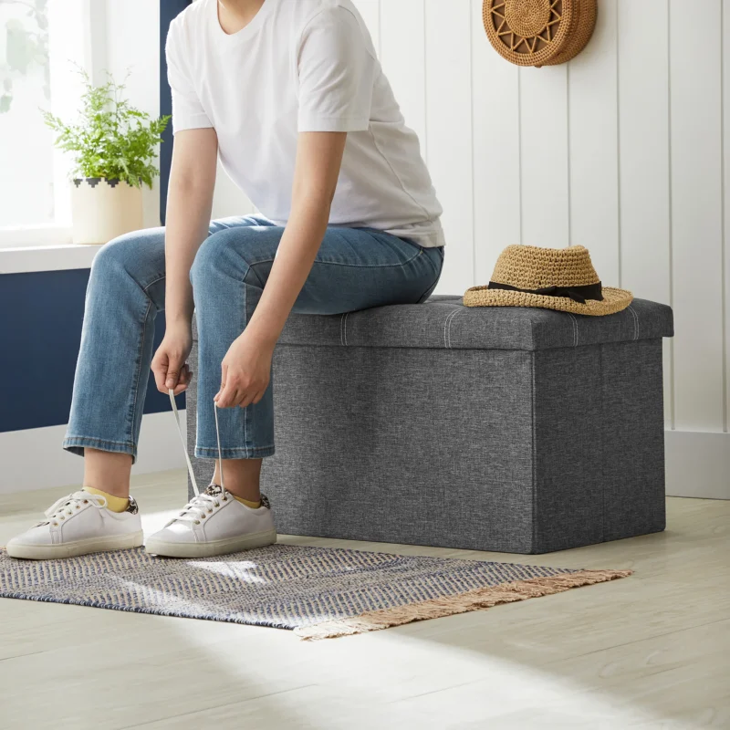 Modern Folding Storage Ottoman Bench with Linen-Look Fabric for Entryway and Living Room - Image 3