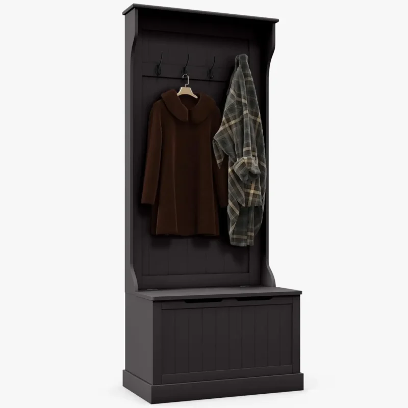 Rustic Wood Hall Tree with Coat Hooks and Shoe Storage Bench for Entryway - Image 7