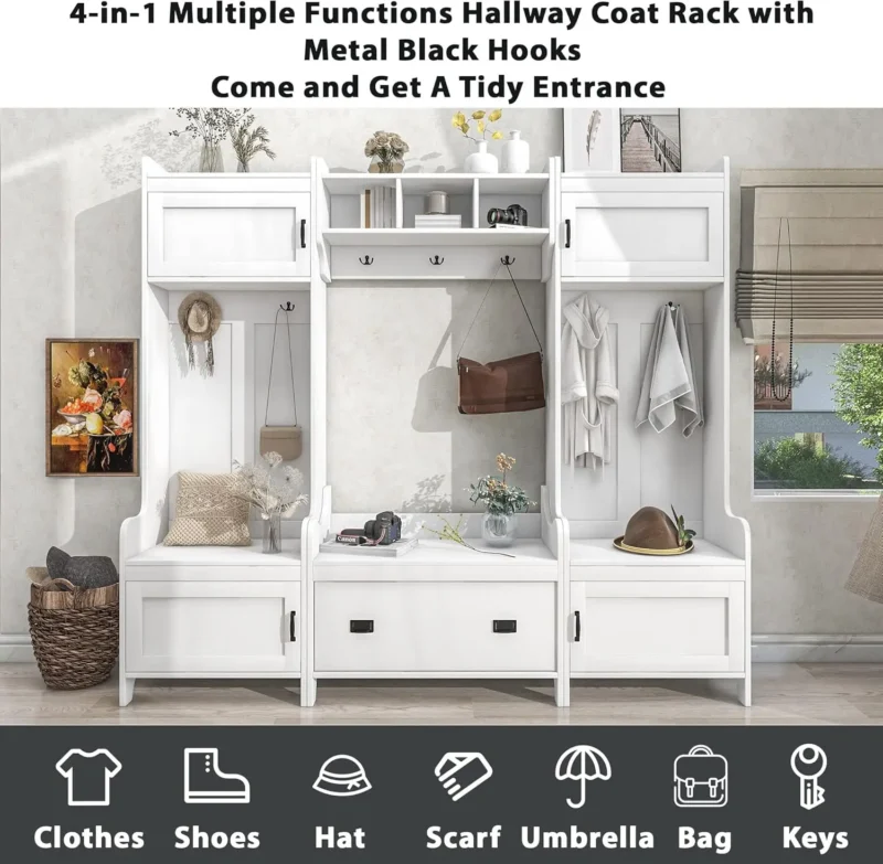Modern Hall Tree Storage Bench with Coat Rack and Shoe Cabinet for Entryway - Image 2