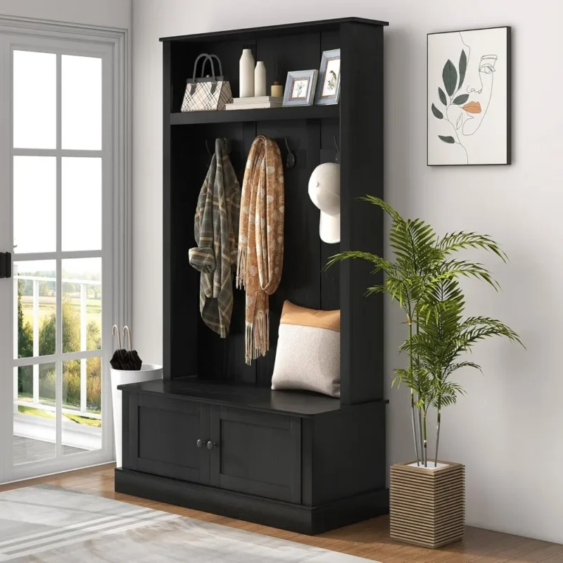 Rustic Wood Hall Tree with Storage Bench and Coat Rack for Entryway - Image 2
