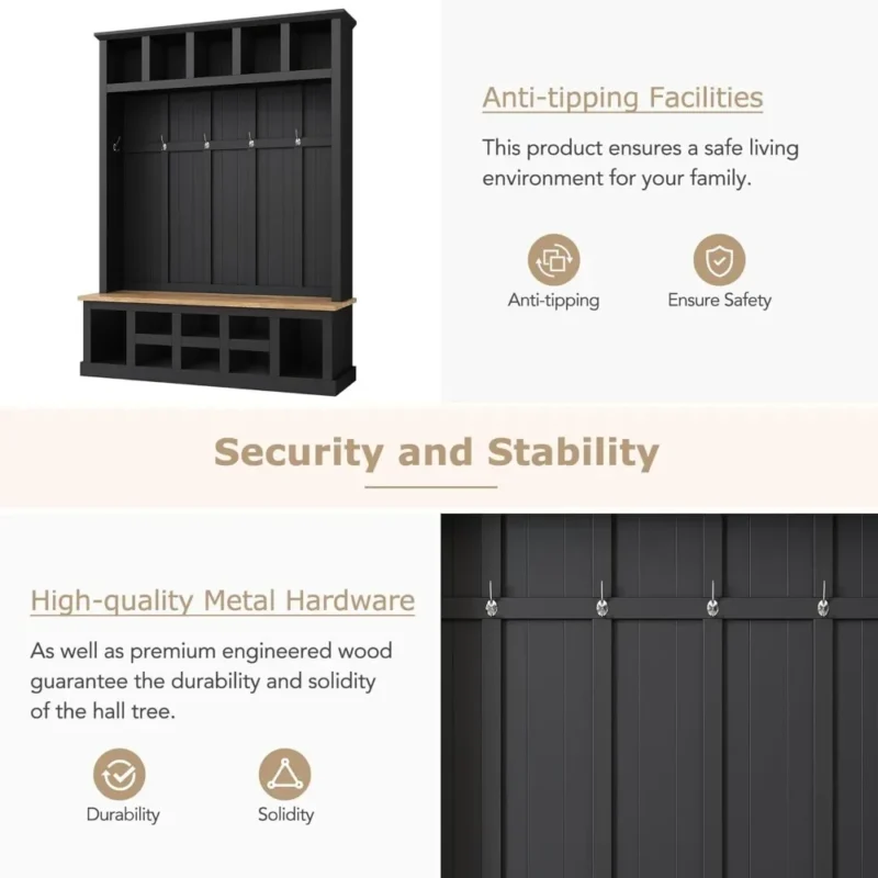 Tall Wood Hall Tree Storage Bench with Coat Hooks for Entryway Organization - Image 5