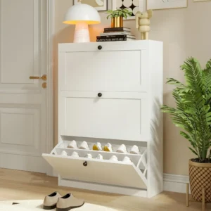 Modern Vertical Shoe Cabinet with 3 Flip Drawers and Adjustable Shelf for Entryway