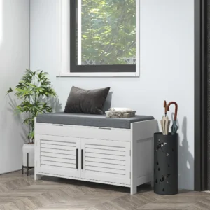Modern White Wooden Entryway Bench with Hidden Storage and Cushioned Seat