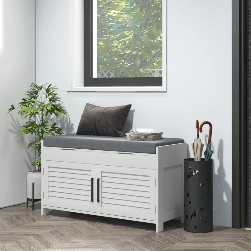 Modern White Wooden Entryway Bench with Hidden Storage and Cushioned Seat