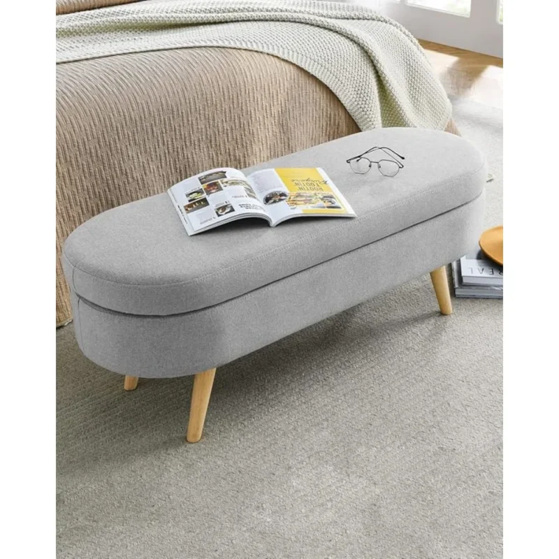 Modern Linen Upholstered Storage Bench with Wood Legs for Entryway and Living Room - Image 5