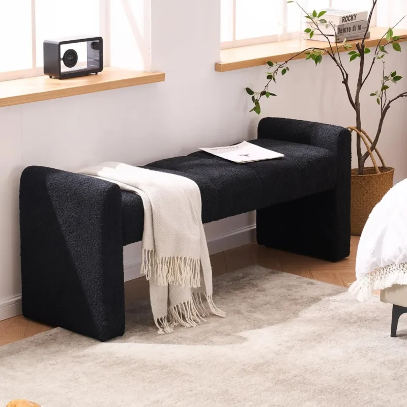 Modern Upholstered 54-Inch Channel Tufted Bench with Boucle Fabric for Bedroom and Living Room - Image 4