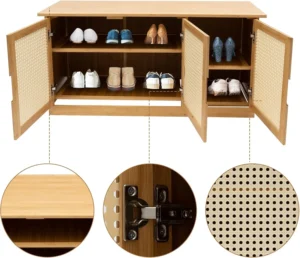 Modern Bamboo Entryway Bench with 3-Door Shoe Storage for Hallway and Living Room