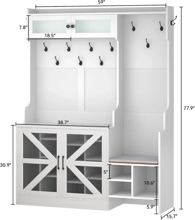Farmhouse Wood Hall Tree with Storage Bench and Coat Rack for Entryway - Image 2