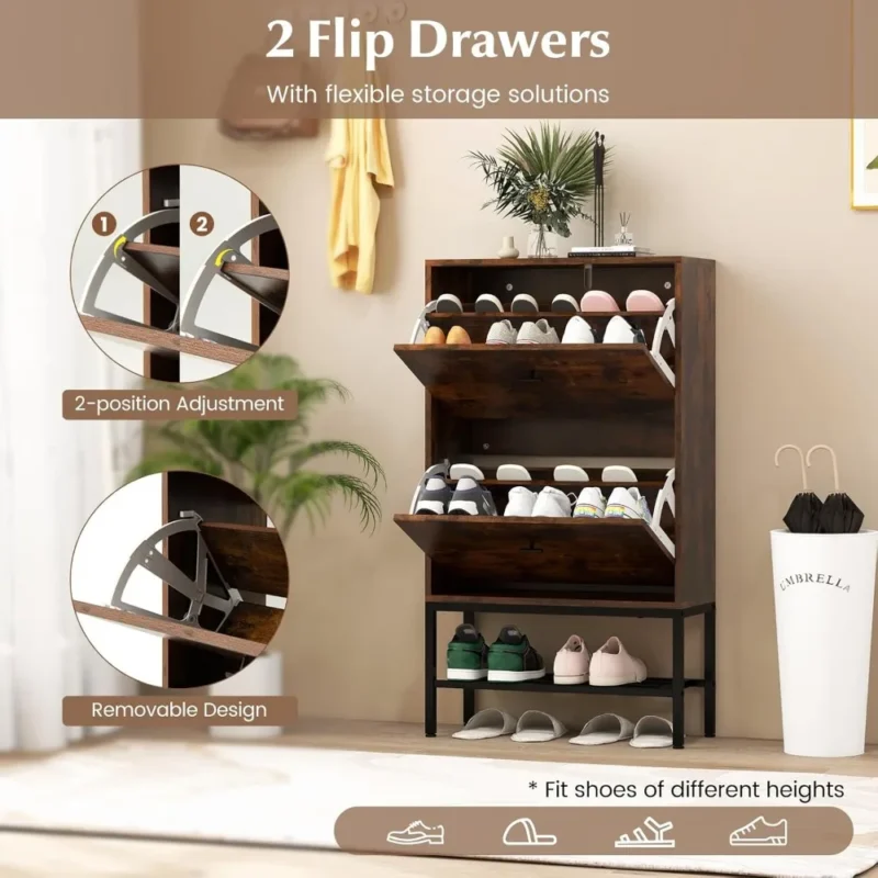 Rustic Wooden Shoe Storage Cabinet with 2 Flip Drawers for Entryway Organization - Image 4