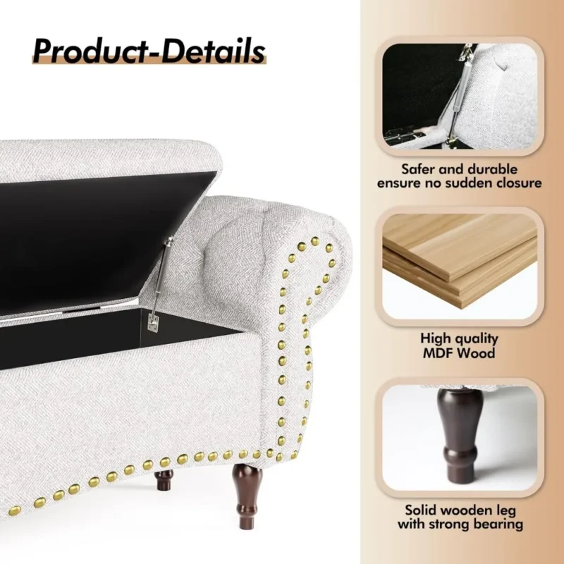 Modern Upholstered Storage Ottoman Bench with Rolled Arms for Living Room and Bedroom - Image 5