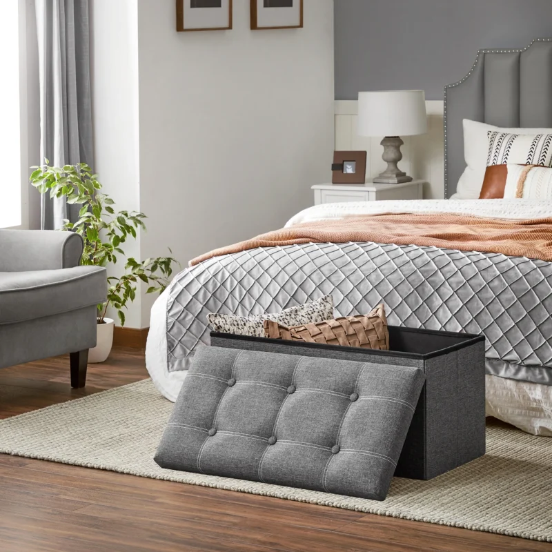 Modern Folding Storage Ottoman Bench with Linen-Look Fabric for Entryway and Living Room - Image 2