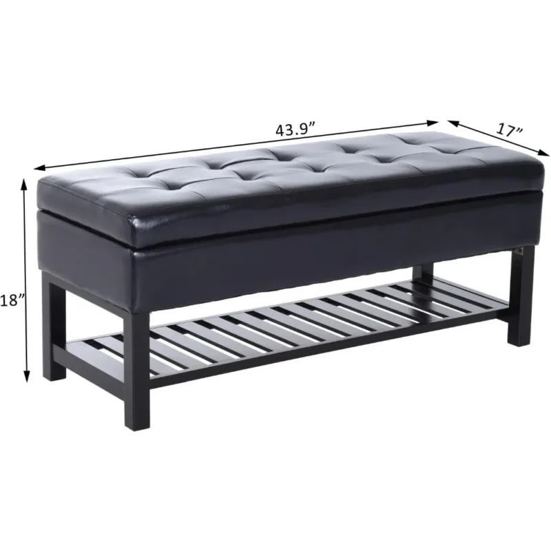 Modern Black Faux Leather Storage Ottoman Bench with Shoe Rack for Entryway - Image 2