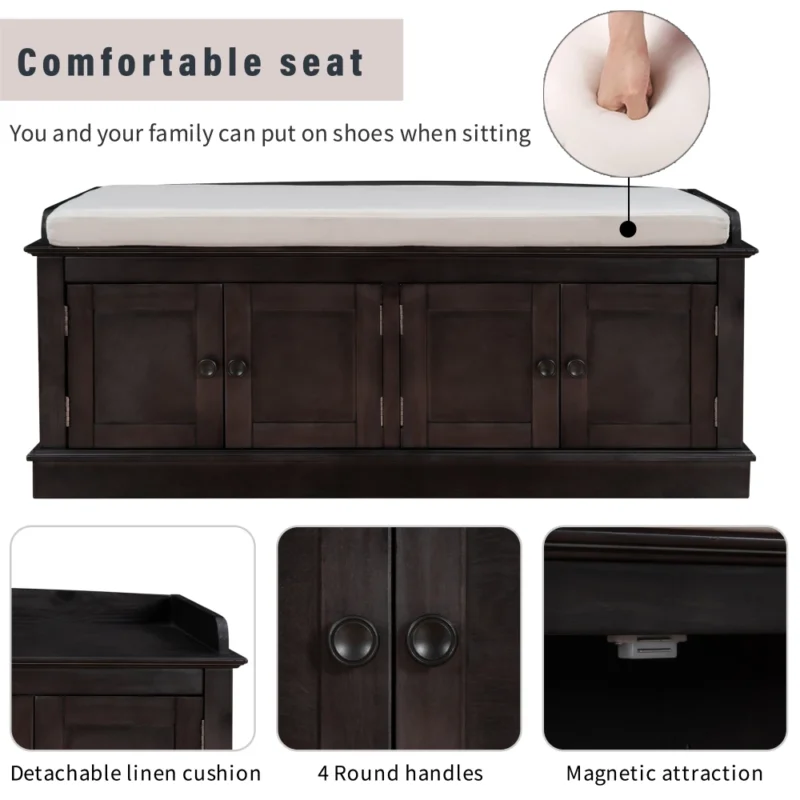 Espresso Wood Entryway Shoe Storage Bench with 4 Doors and Cushioned Seat - Image 3