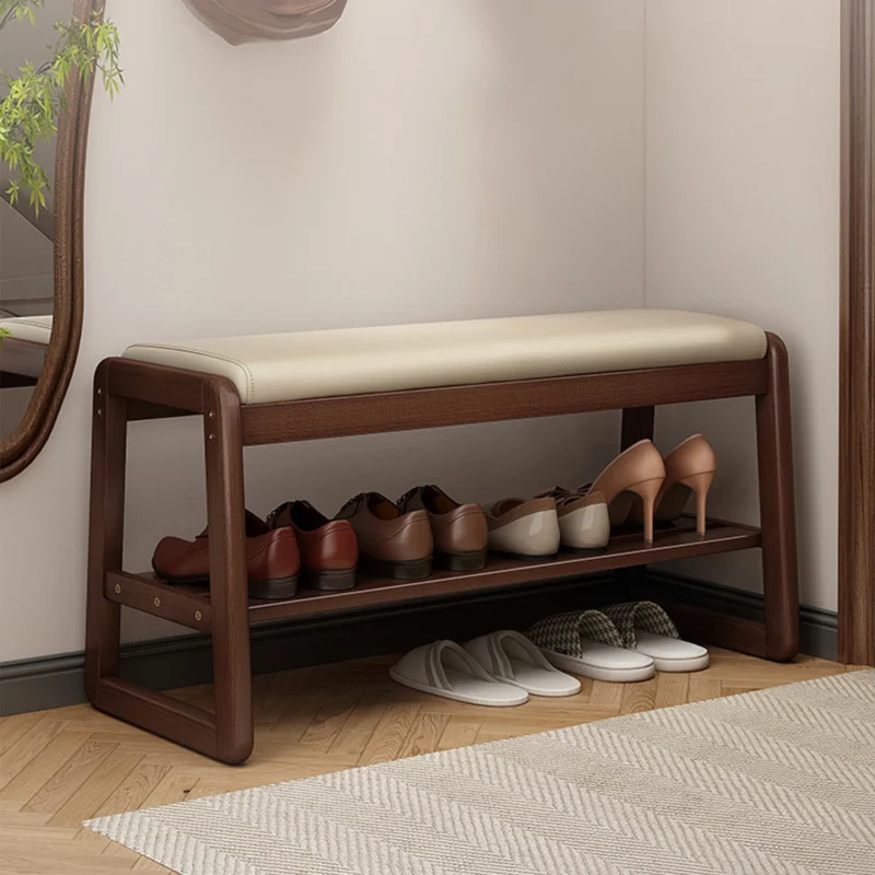 Modern Wood Entryway Bench with Cushioned Seat and Shoe Storage Rack for Hallway