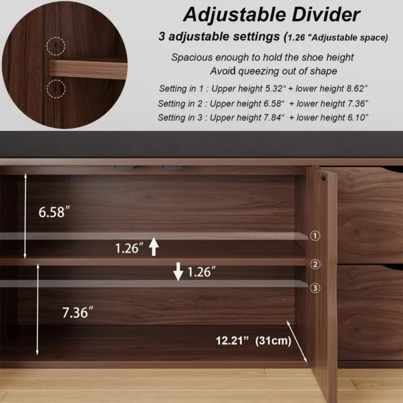 Industrial Wooden Entryway Bench with Padded Seat Cushion and Hidden Shoe Storage - Image 5