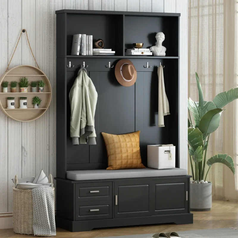 Farmhouse Hall Tree Entryway Bench with Sliding Doors and 6 Hooks for Mudroom