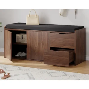 Industrial Wooden Entryway Bench with Padded Seat Cushion and Hidden Shoe Storage
