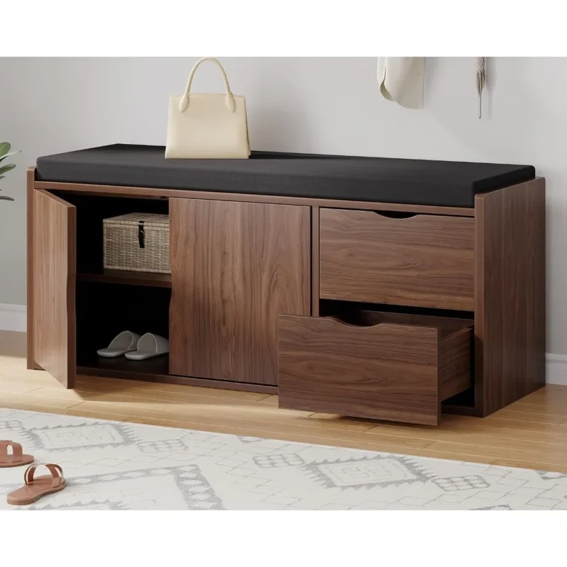 Industrial Wooden Entryway Bench with Padded Seat Cushion and Hidden Shoe Storage