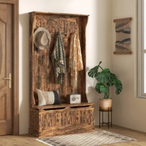 Modern Rustic Hall Tree with Storage Bench and Coat Rack for Entryway