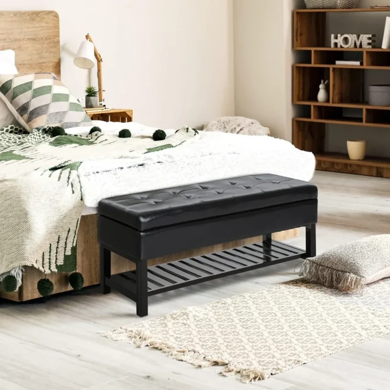 Modern Black Faux Leather Storage Ottoman Bench with Shoe Rack for Entryway - Image 3