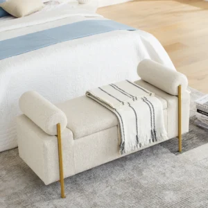 Modern Upholstered Linen Storage Bench with Cylindrical Arms for Entryway and Living Room