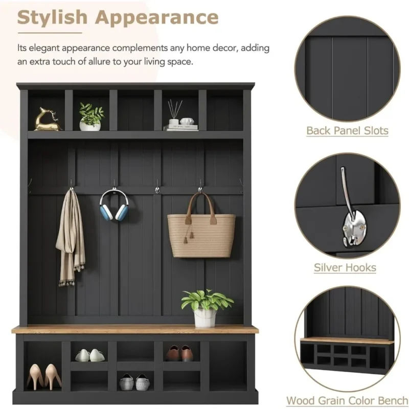 Tall Wood Hall Tree Storage Bench with Coat Hooks for Entryway Organization - Image 3