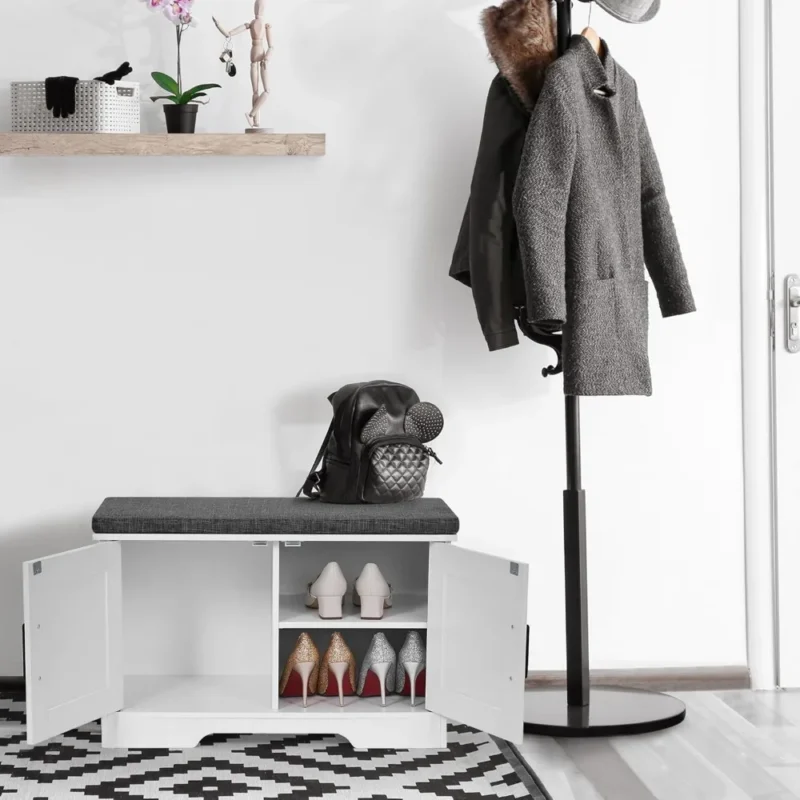 Farmhouse Wooden Entryway Bench with Adjustable Storage Shelves and Cushioned Seat - Image 6