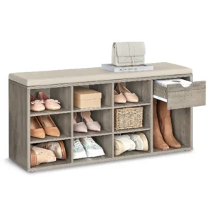 Modern Wooden Entryway Storage Bench with Cushion and Drawer for Living Room